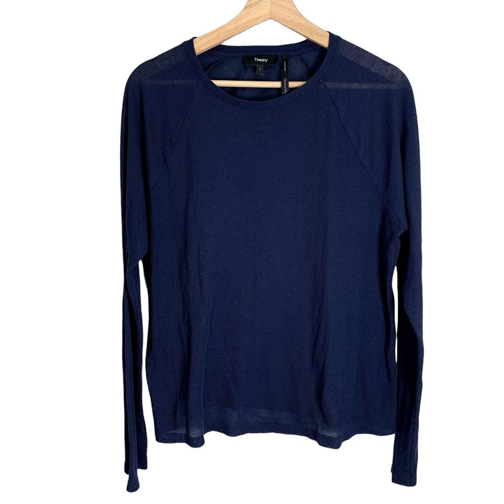 Theory Womens Navy Blue Ranzini Brinley Mesh Long Sleeve Top Size Large Cotton